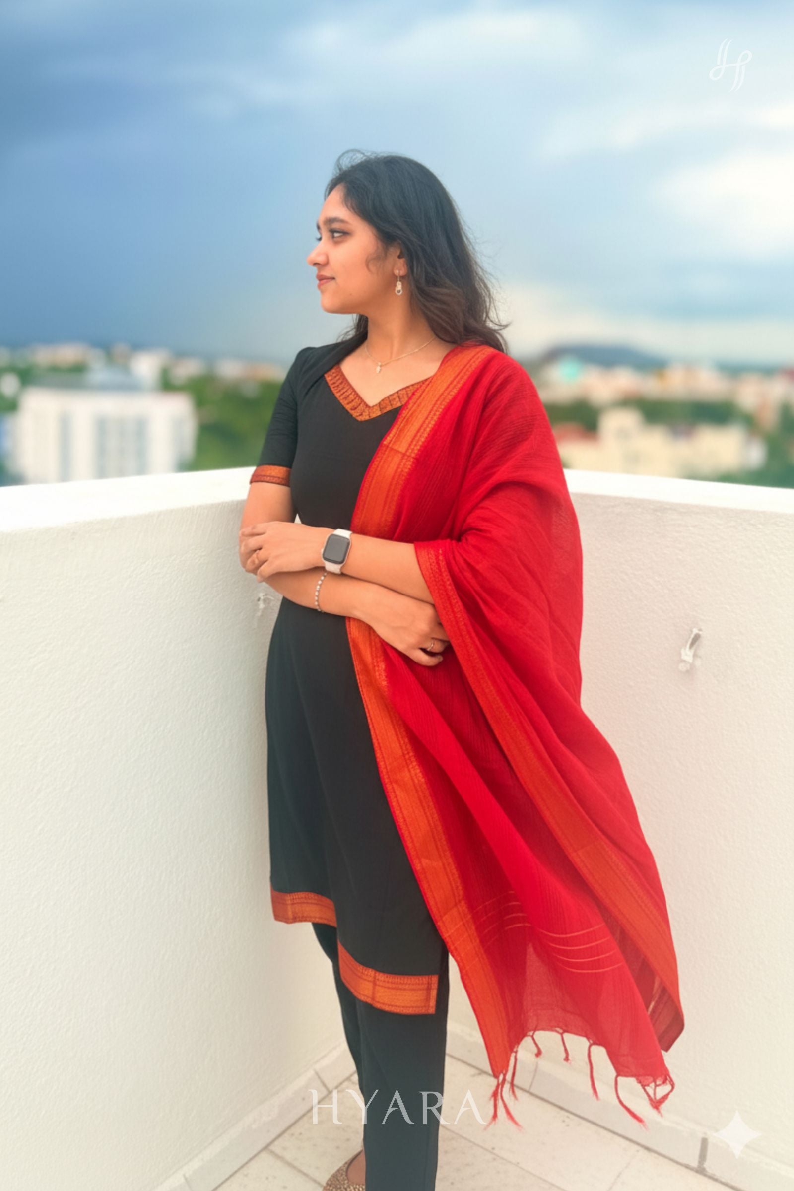 Kanmani – Black & Red Mangalagiri Cotton Suit Set