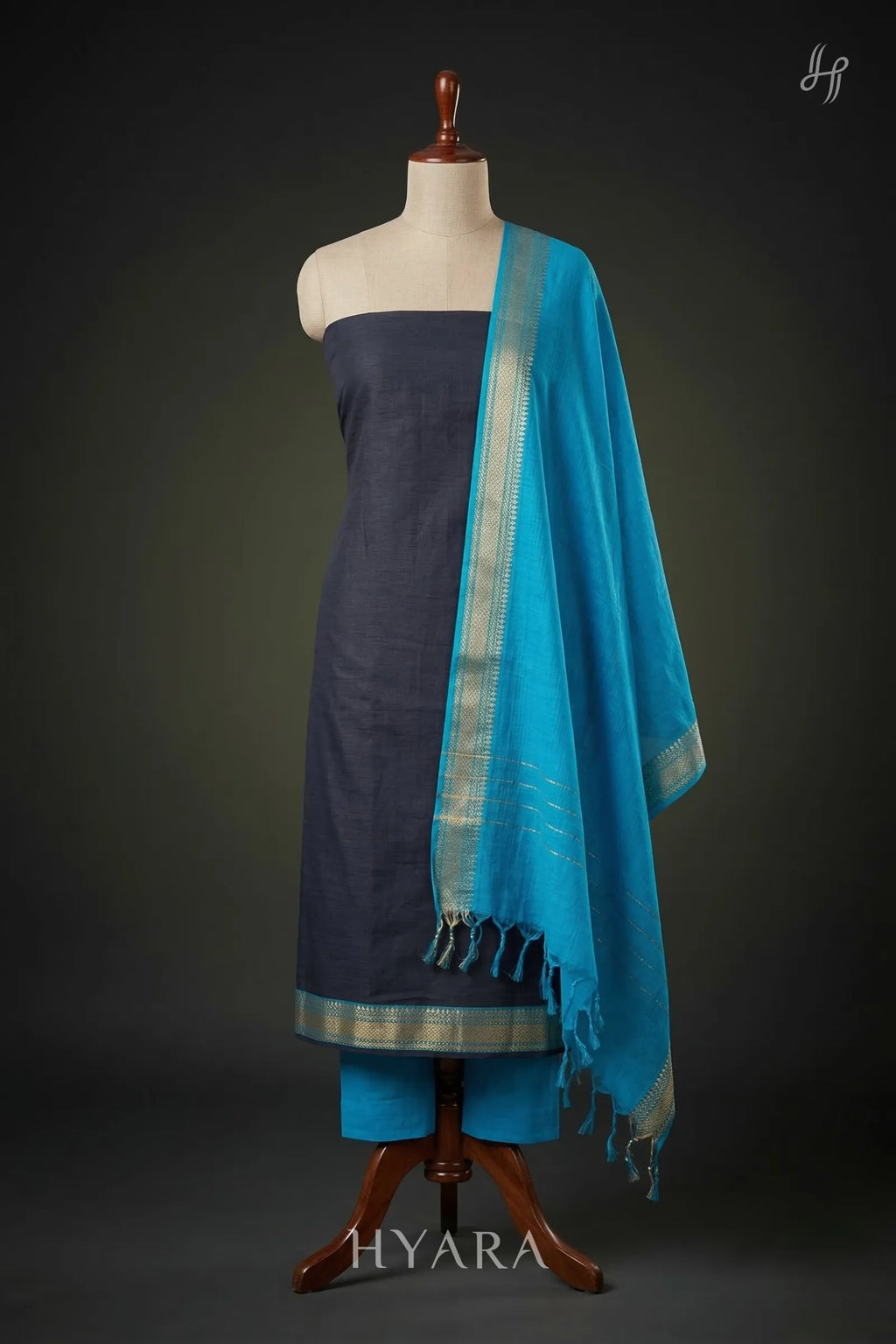 Rani Midnight Blue Mangalagiri Pure Handloom Cotton Unstitched Fabric