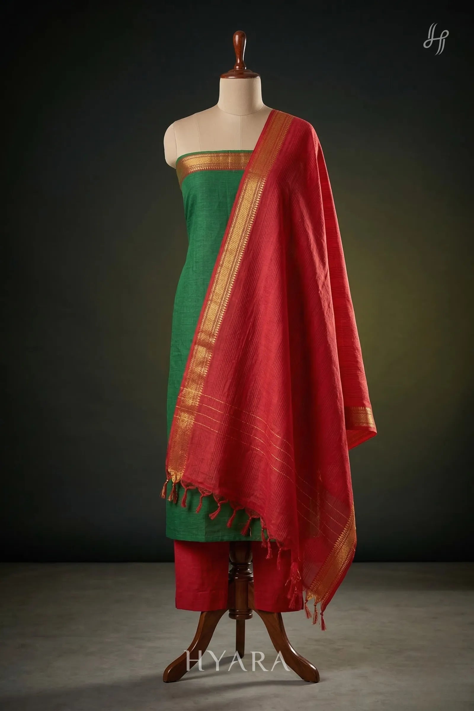 Sara Bottle Green Mangalagiri Handloom Cotton Unstitched Fabric Set