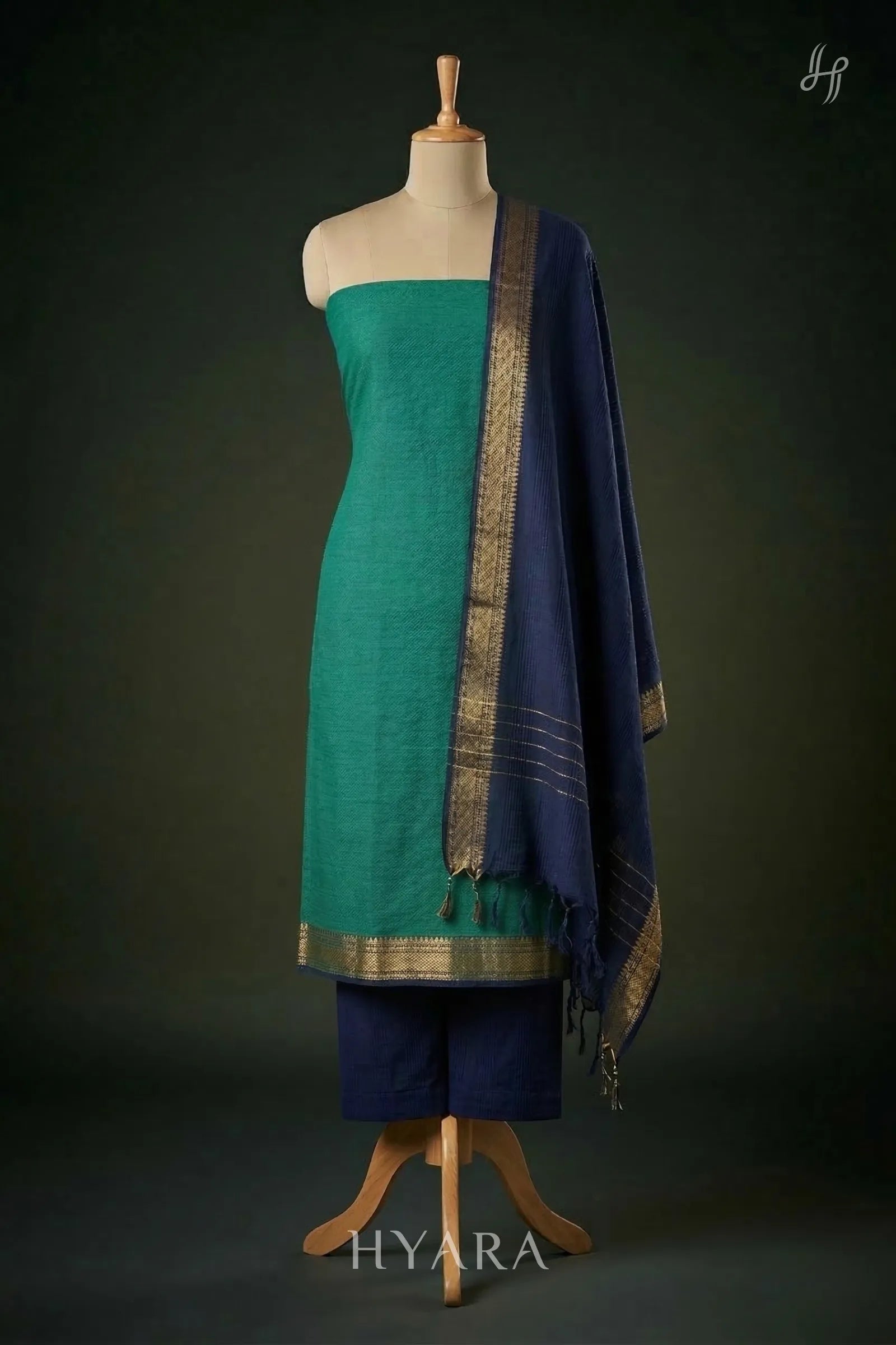 Tharani - Teal Green Mangalagiri Pure Handloom Cotton Unstitched Fabric