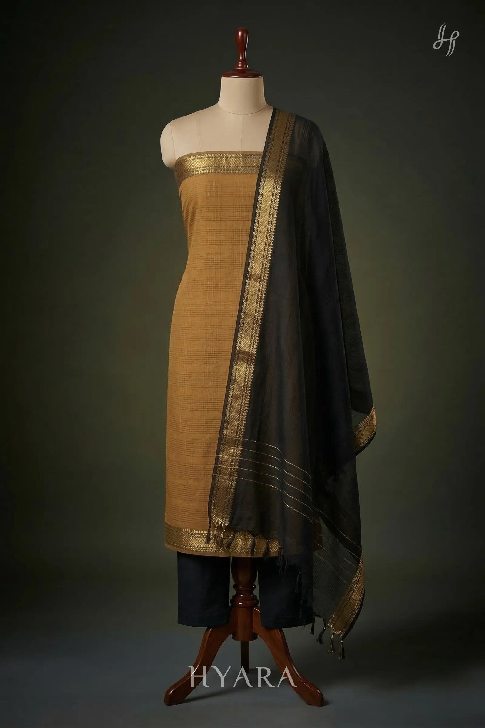 Arasi Brown Mangalagiri Pure Handloom Cotton Unstitched Fabric