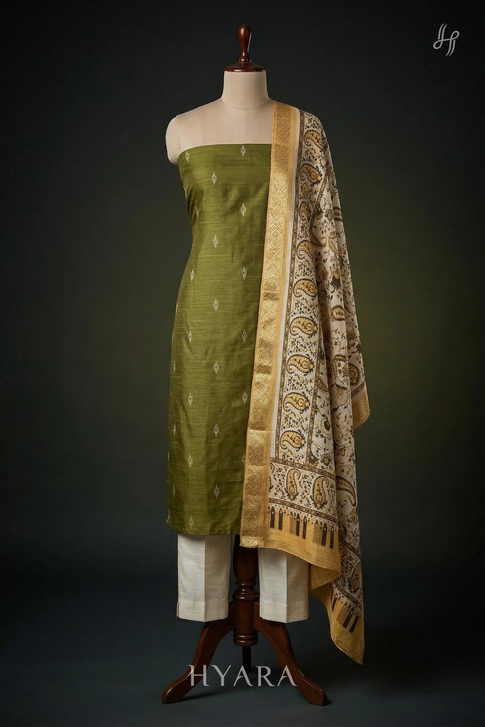Veena Olive Green Raw Silk Cotton Unstitched Fabric