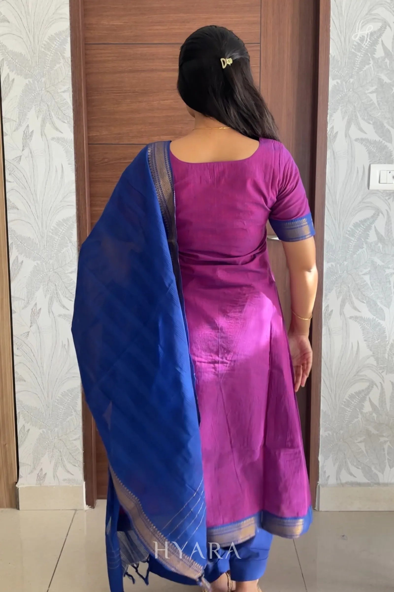 Indira — Plum Purple & Royal Blue Mangalagiri Cotton A-Line Suit Set (3-Piece)