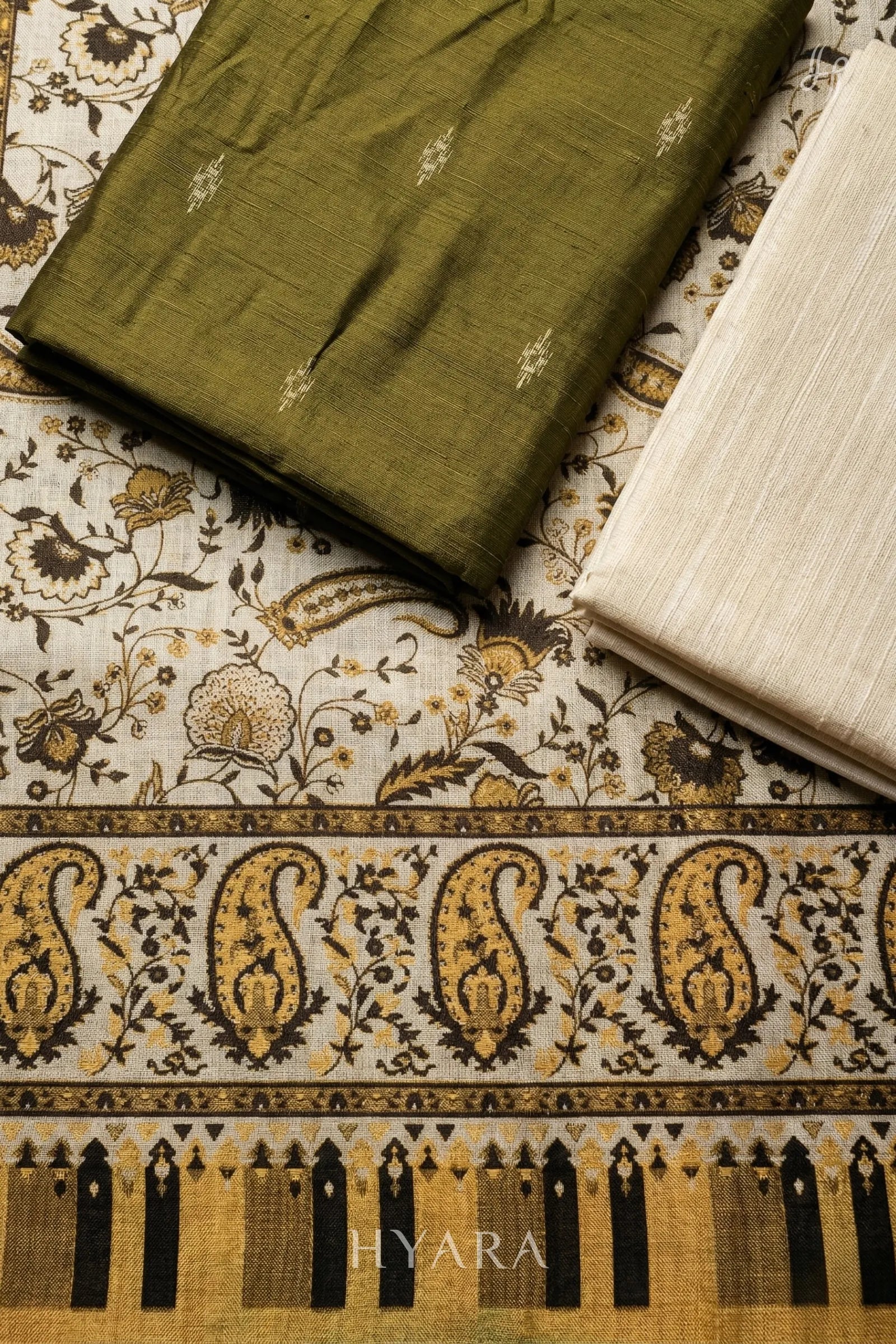 Veena Olive Green Raw Silk Cotton Unstitched Fabric