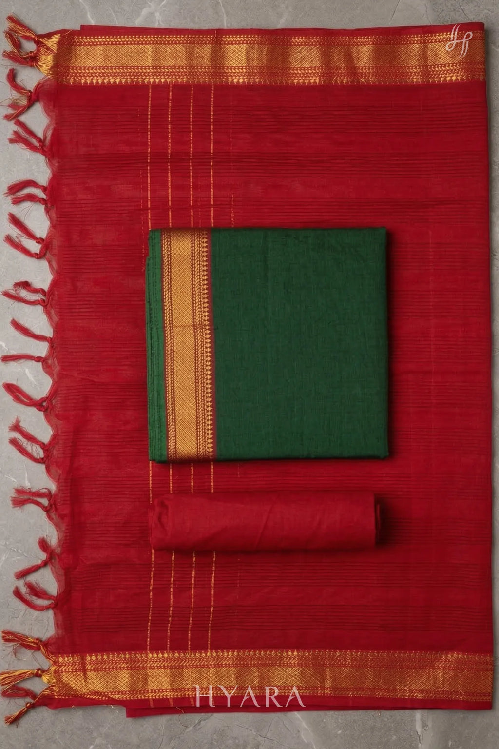 Sara Bottle Green Mangalagiri Handloom Cotton Unstitched Fabric Set