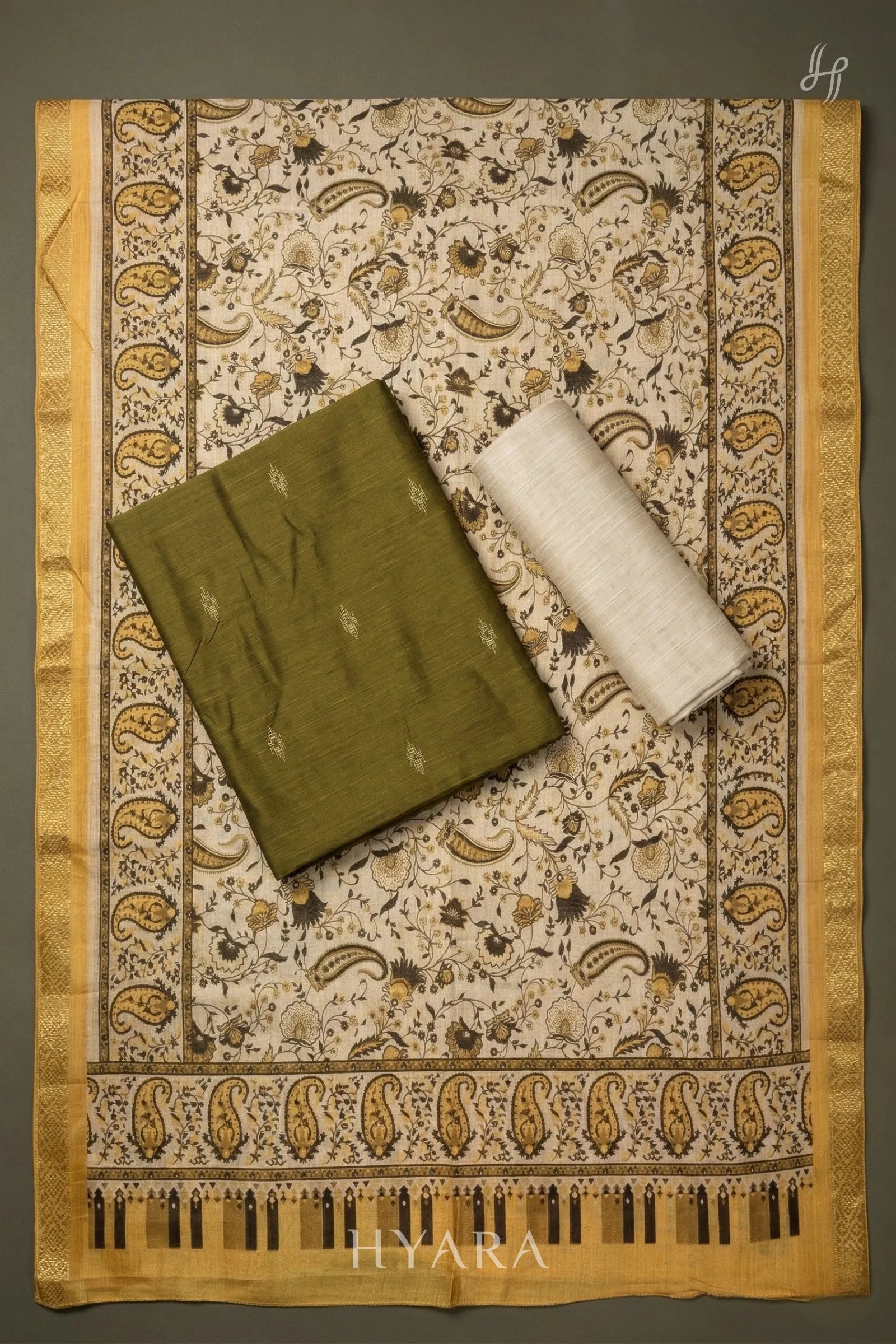 Veena Olive Green Raw Silk Cotton Unstitched Fabric