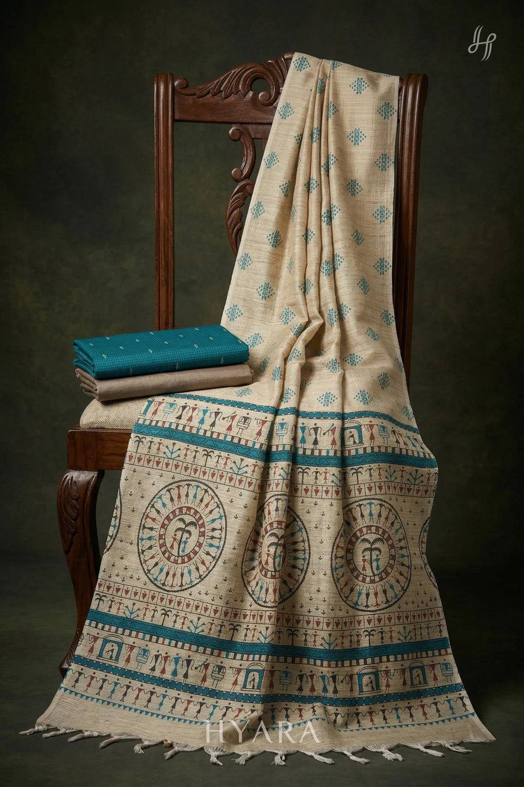 Nisha Teal Blue Raw silk Handloom Cotton Unstitched Fabric