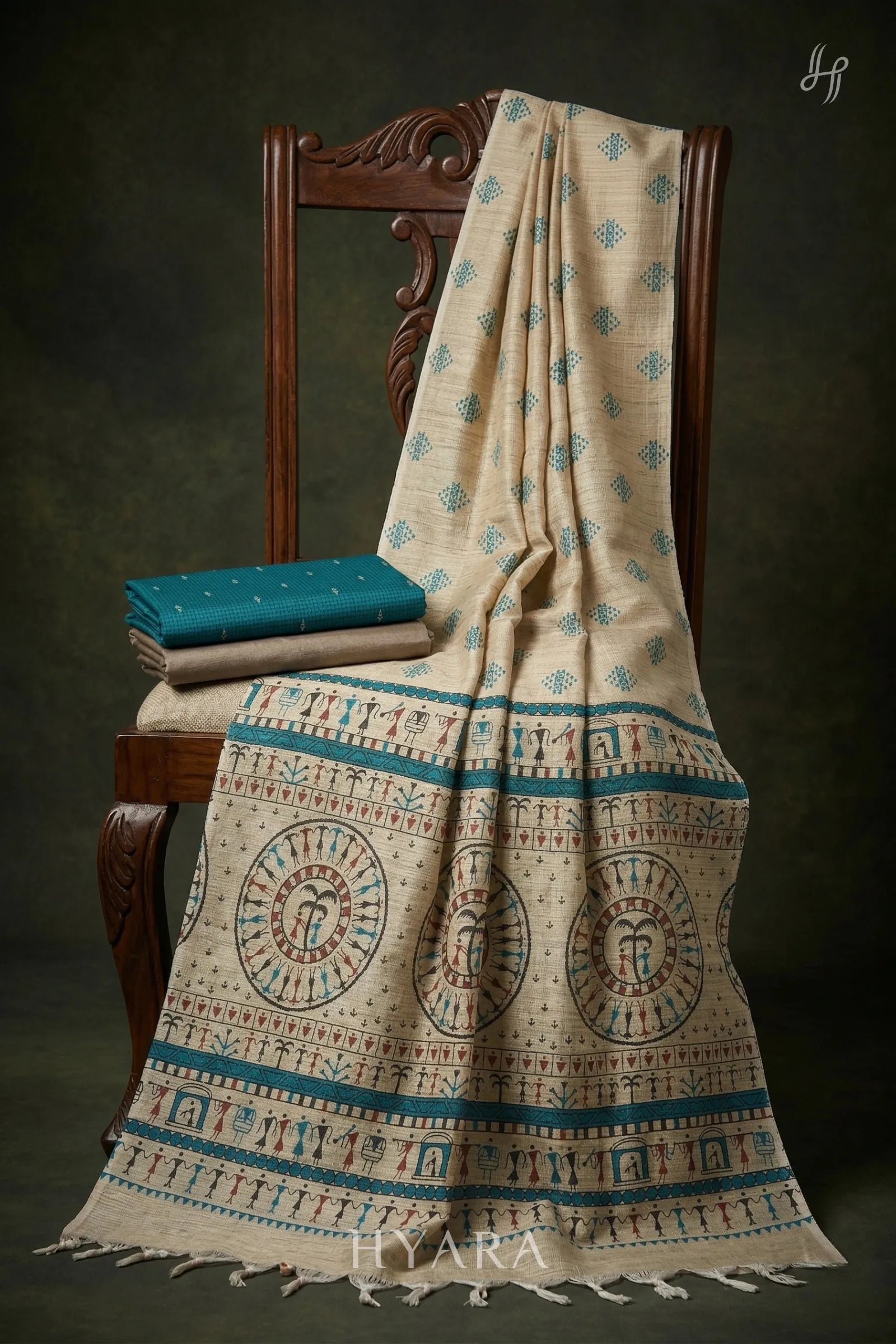 Nisha Teal Blue Raw silk Handloom Cotton Unstitched Fabric