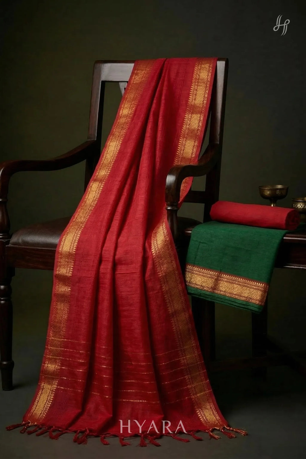 Sara Bottle Green Mangalagiri Handloom Cotton Unstitched Fabric Set