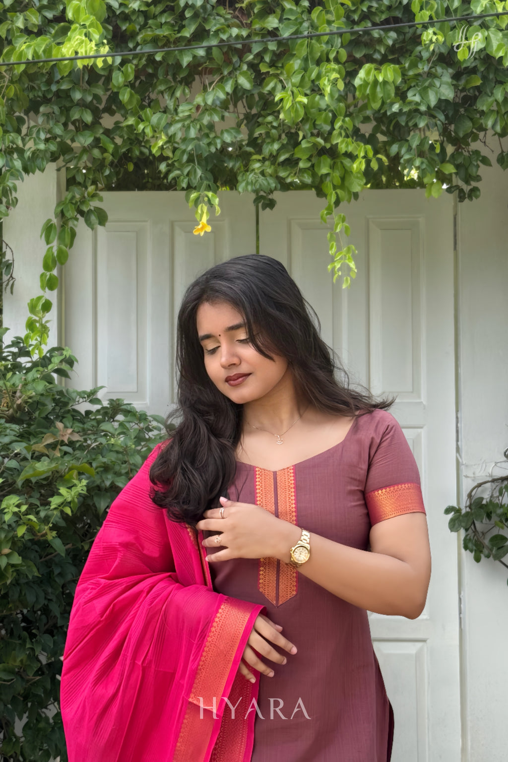 Chocolate – Mauve Brown & Hot Pink Mangalagiri Cotton Suit Set