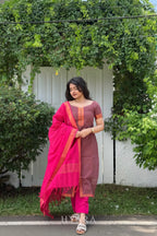 Chocolate – Mauve Brown & Hot Pink Mangalagiri Cotton Suit Set
