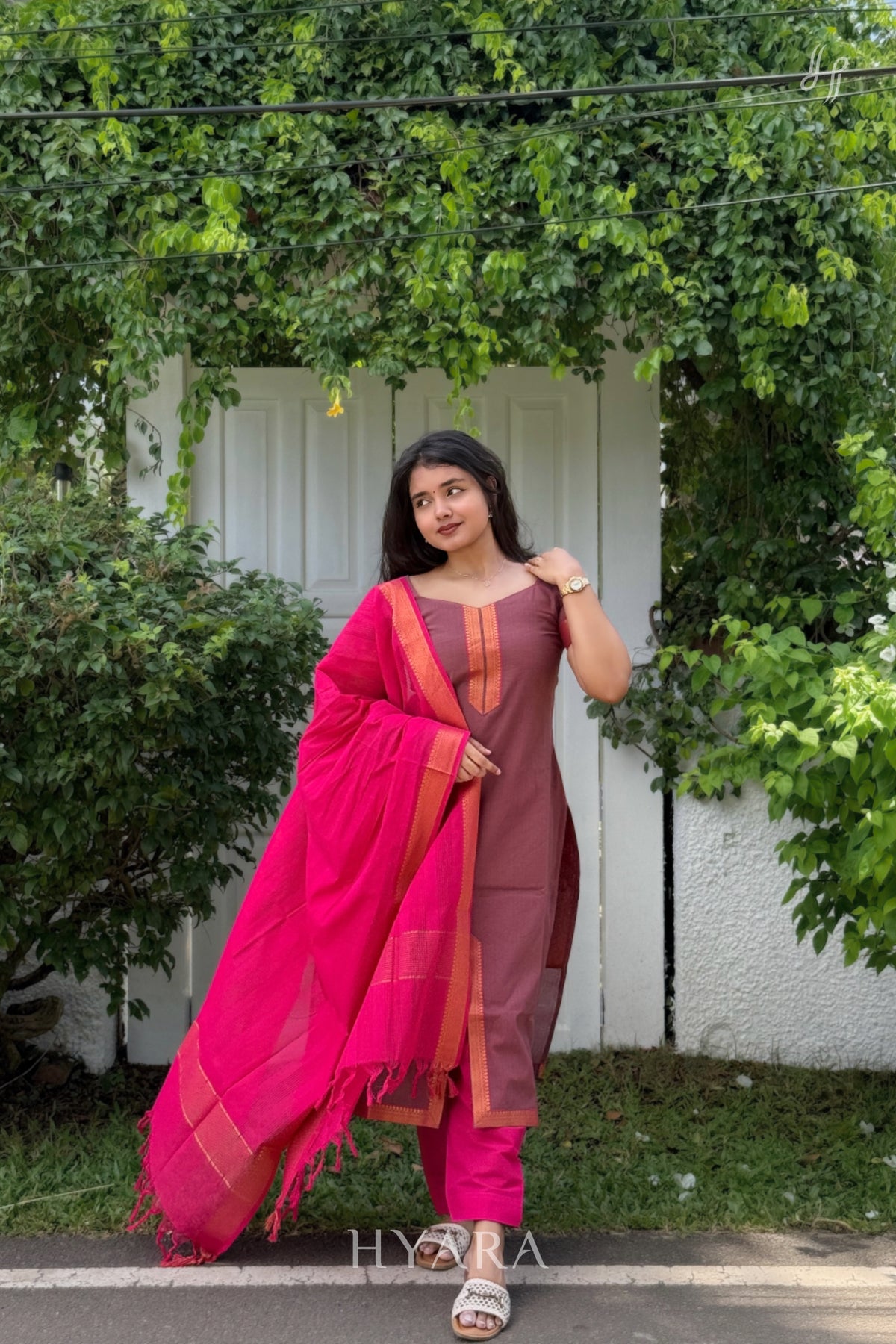 Chocolate – Mauve Brown & Hot Pink Mangalagiri Cotton Suit Set