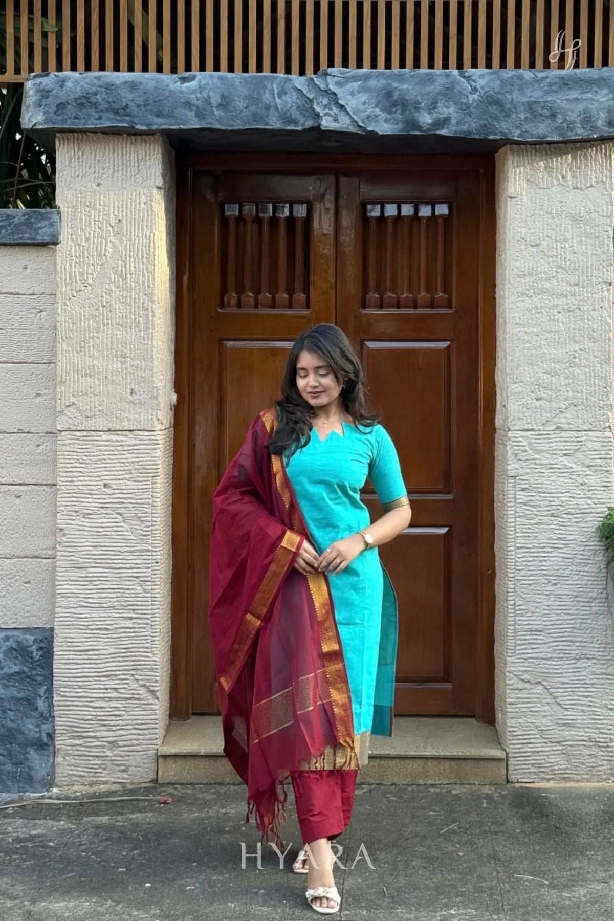 Megha – Teal & Maroon Mangalagiri Cotton Suit Set