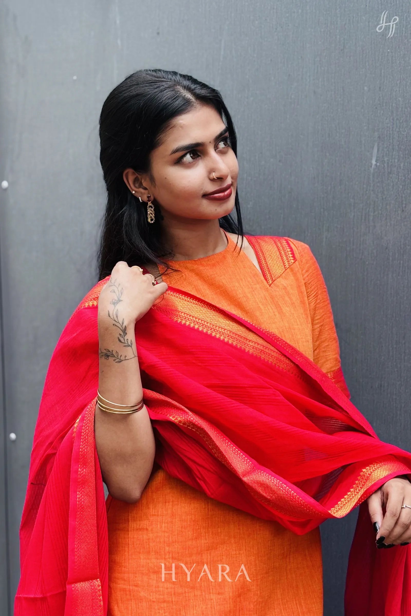 Devi – Orange Mangalagiri Handloom Cotton 3-Piece Suit Set