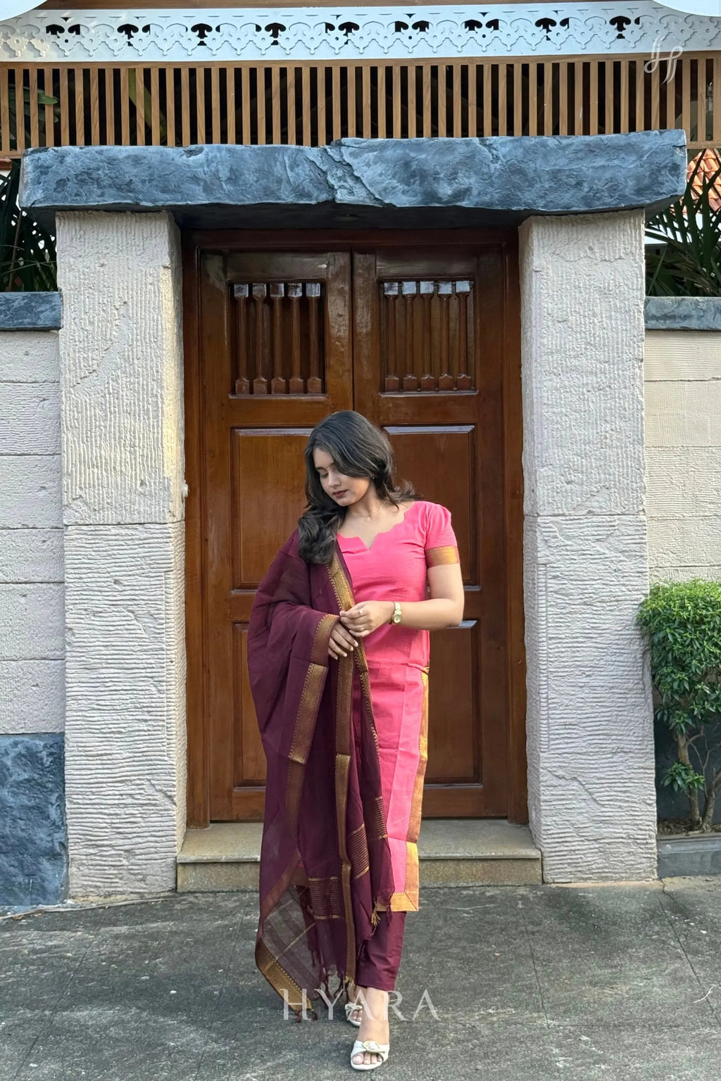 Dharshini – Pink & Maroon Mangalagiri Cotton Suit Set