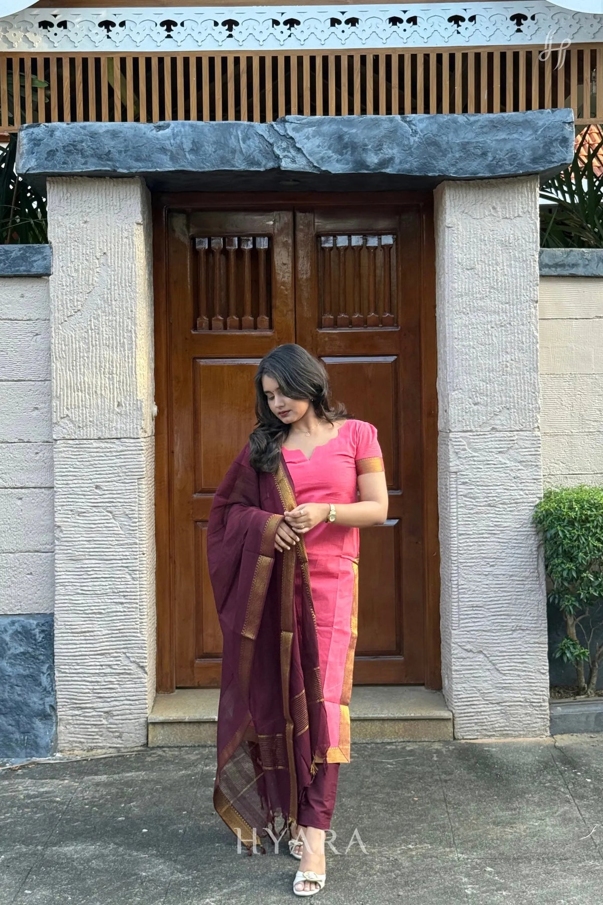 Dharshini – Pink & Maroon Mangalagiri Cotton Suit Set