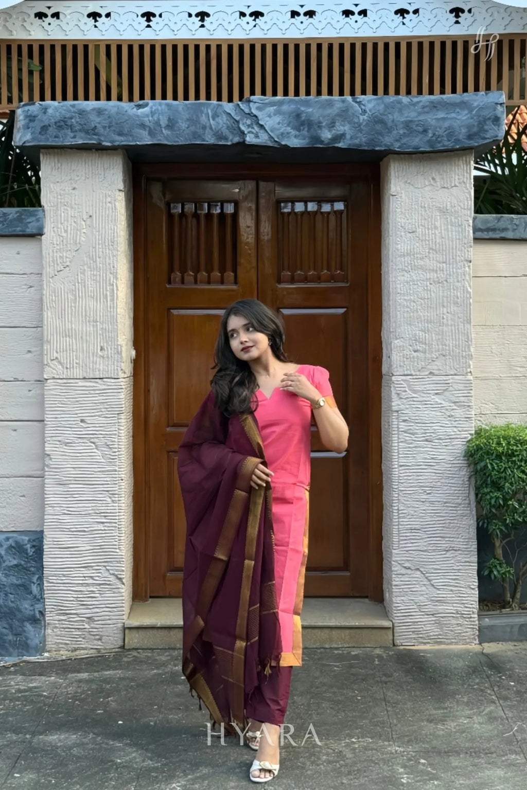Dharshini – Pink & Maroon Mangalagiri Cotton Suit Set