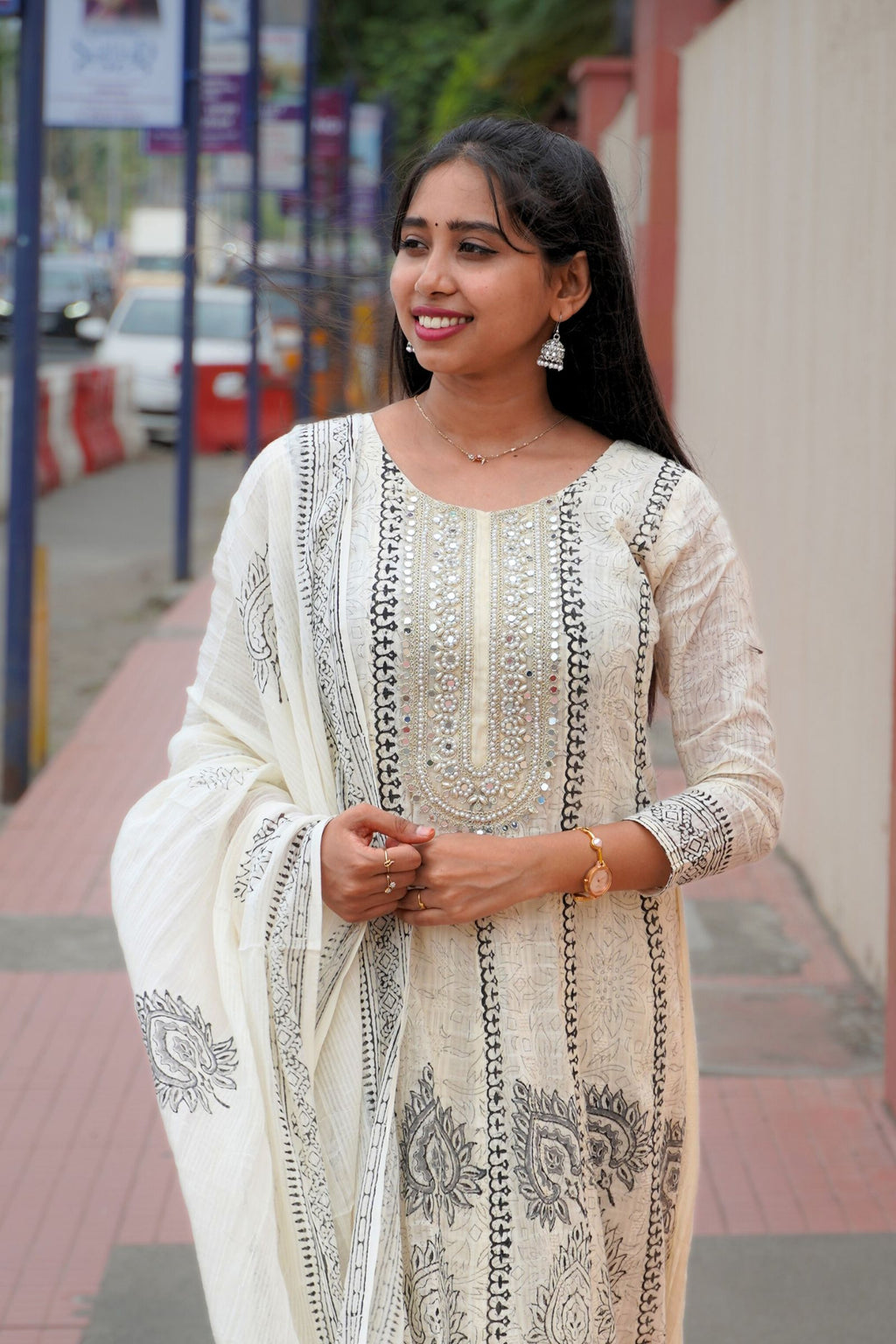 Aara – Mirror Work Anarkali Cotton Suit Set