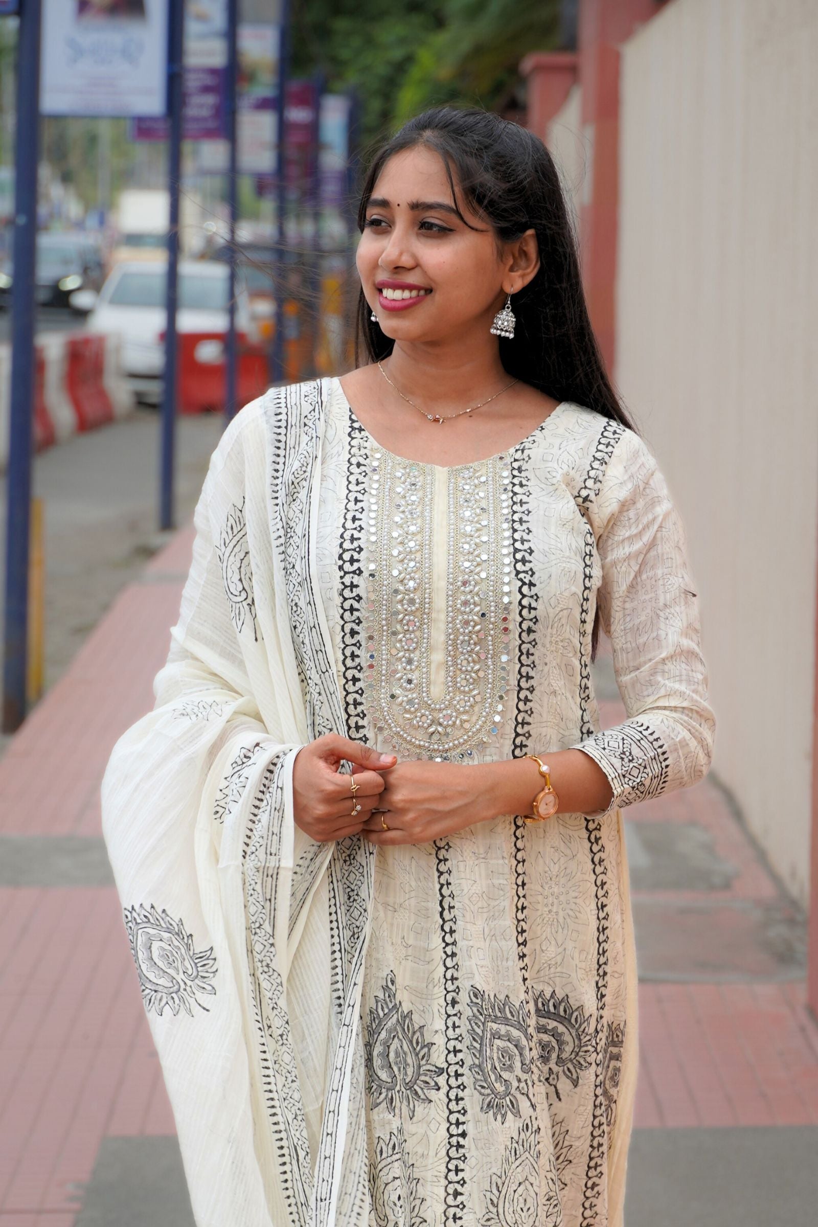 Aara – Mirror Work Anarkali Cotton Suit Set