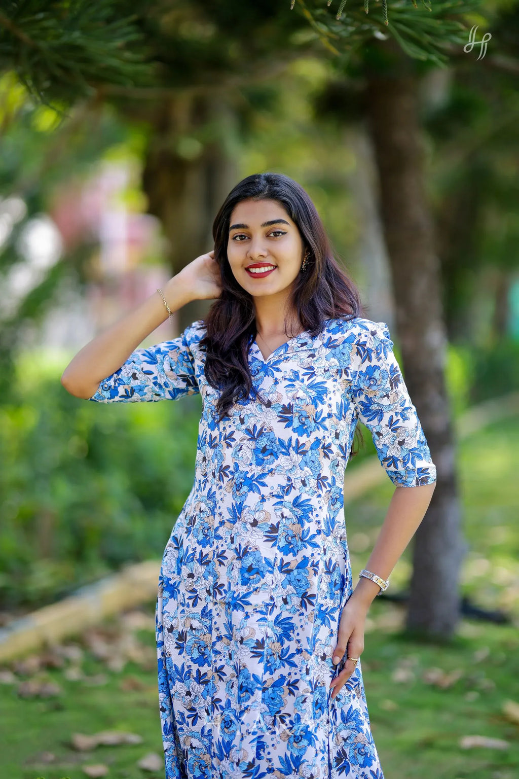 Nyra Blue Princess-Cut Floral Maxi