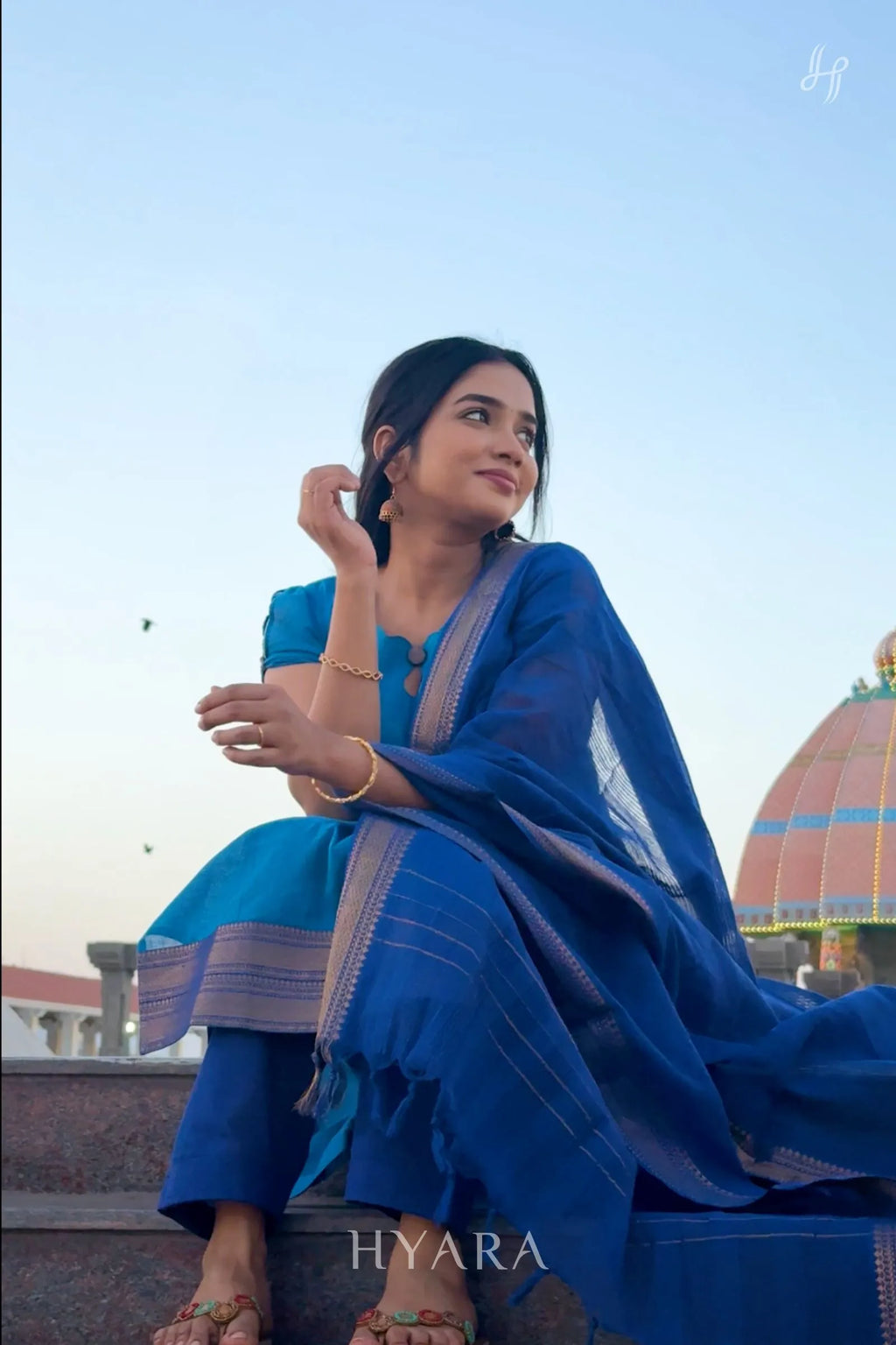Ishya – Sky Blue & Navy Mangalagiri Cotton Suit Set
