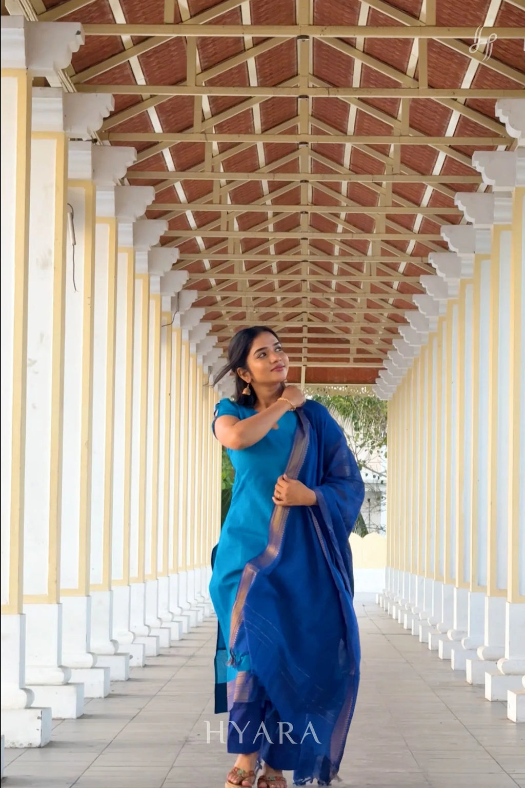 Ishya – Sky Blue & Navy Mangalagiri Cotton Suit Set