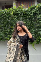 Kana – Black Raw Silk Suit Set with Printed Silk Dupatta