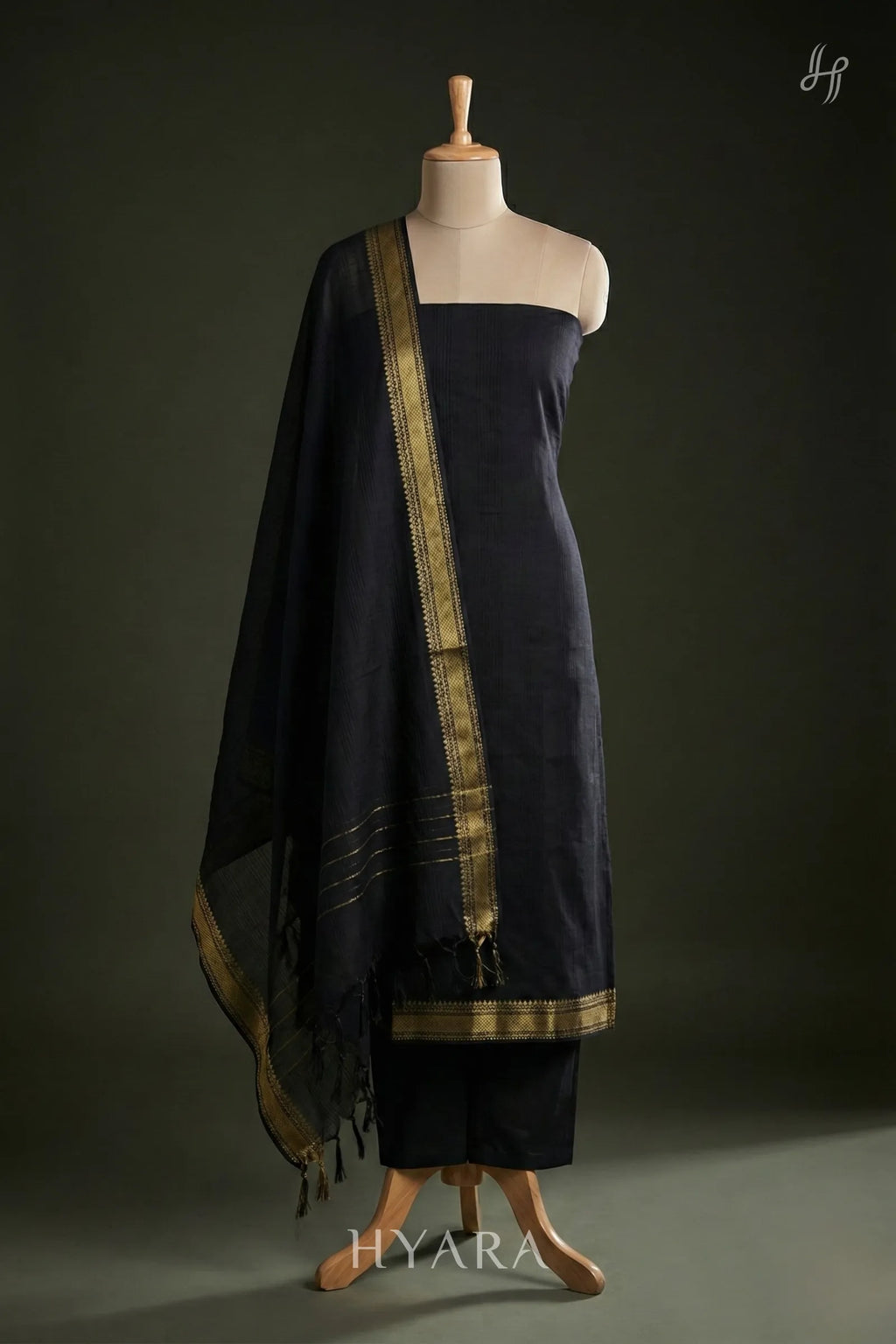 Karmagam – Black Mangalagiri Pure Handloom Cotton Unstitched Fabric