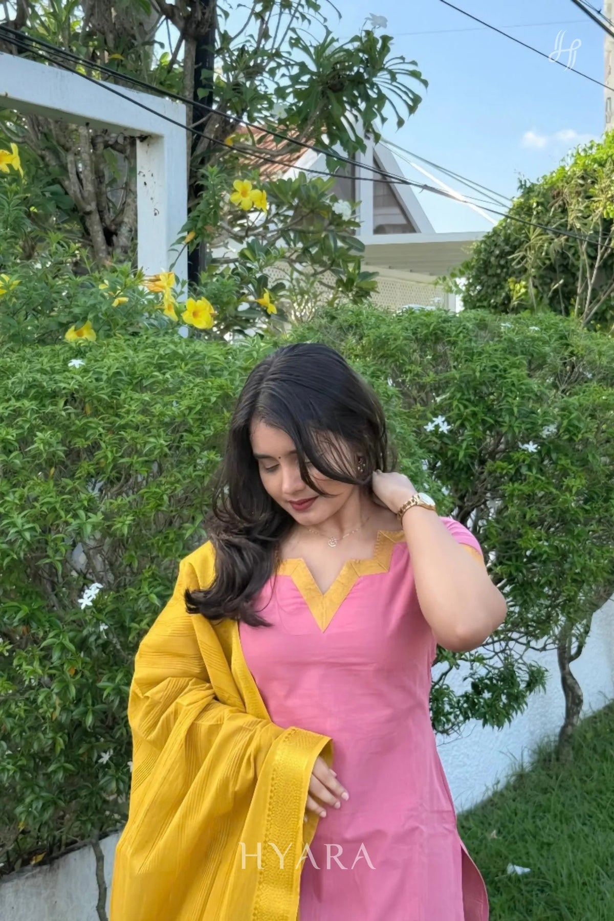Madhu – Pink & Mustard Mangalagiri Cotton Suit Set