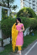 Madhu – Pink & Mustard Mangalagiri Cotton Suit Set
