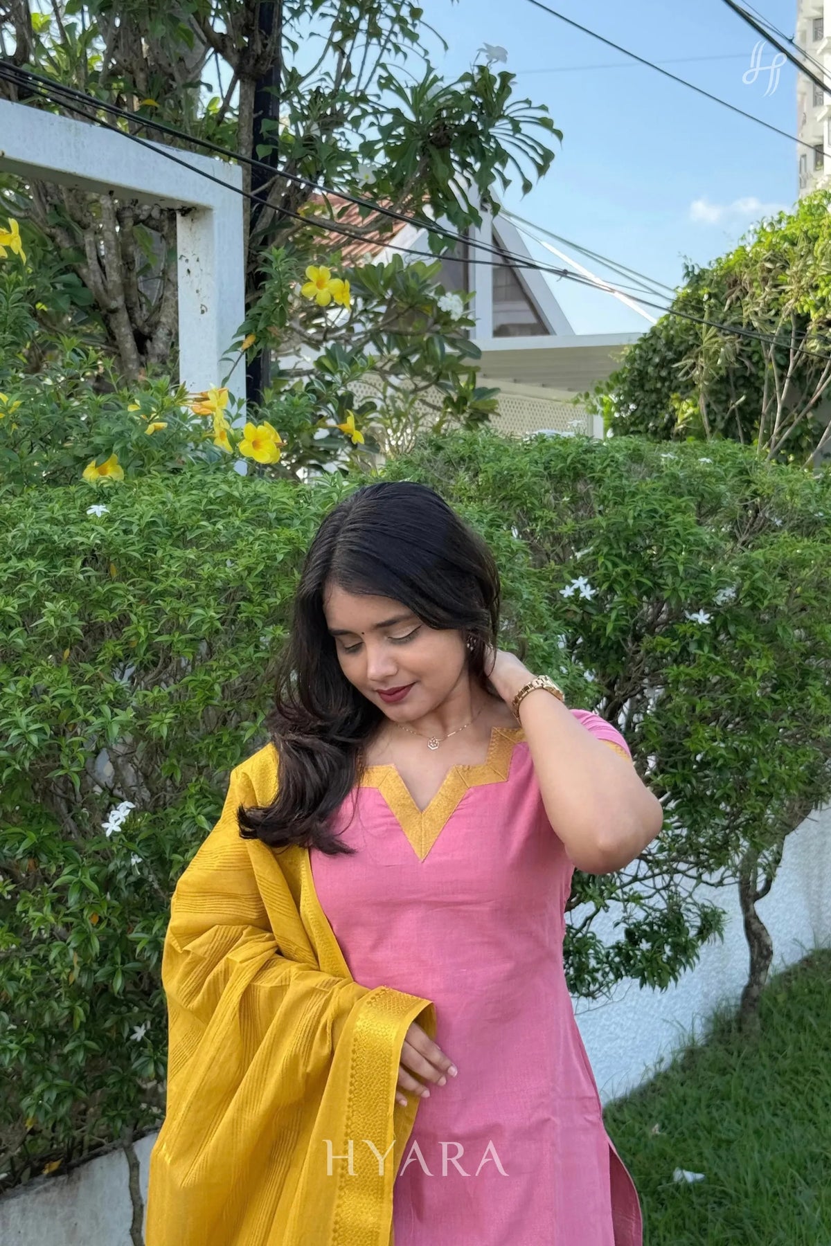 Madhu – Pink & Mustard Mangalagiri Cotton Suit Set