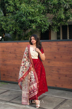 Maya – Red & Ivory Raw Silk A-Line Suit Set with Zari Printed Dupatta