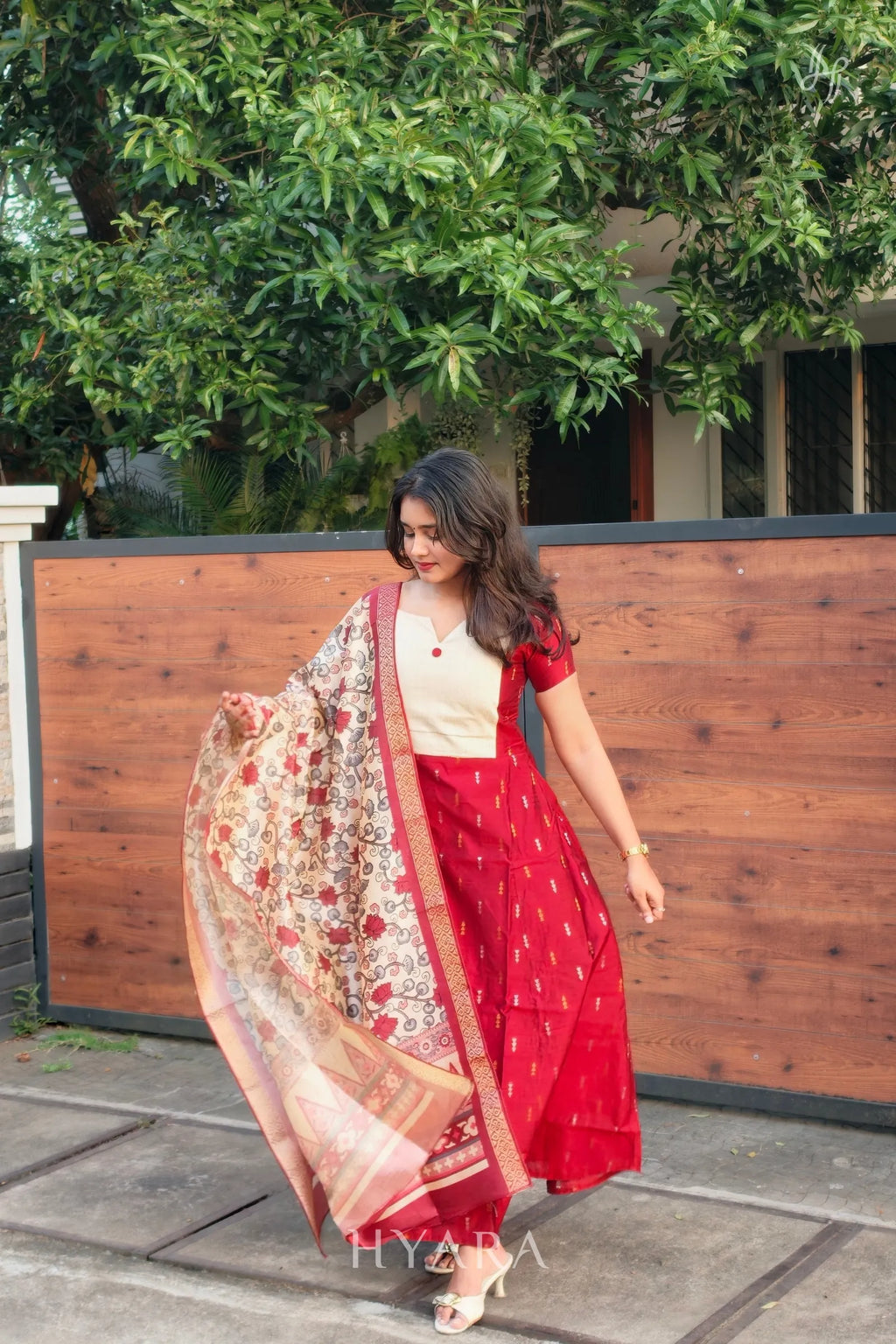Maya – Red & Ivory Raw Silk A-Line Suit Set with Zari Printed Dupatta