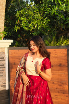 Maya – Red & Ivory Raw Silk A-Line Suit Set with Zari Printed Dupatta