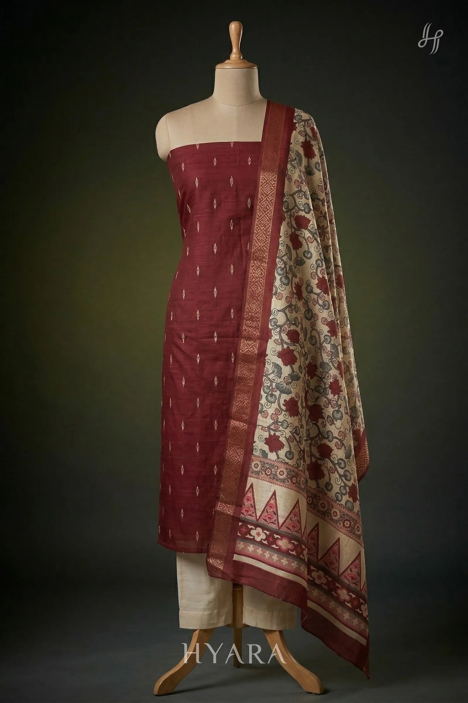 Maya Wine Red Raw Silk Cotton Unstitched Fabric