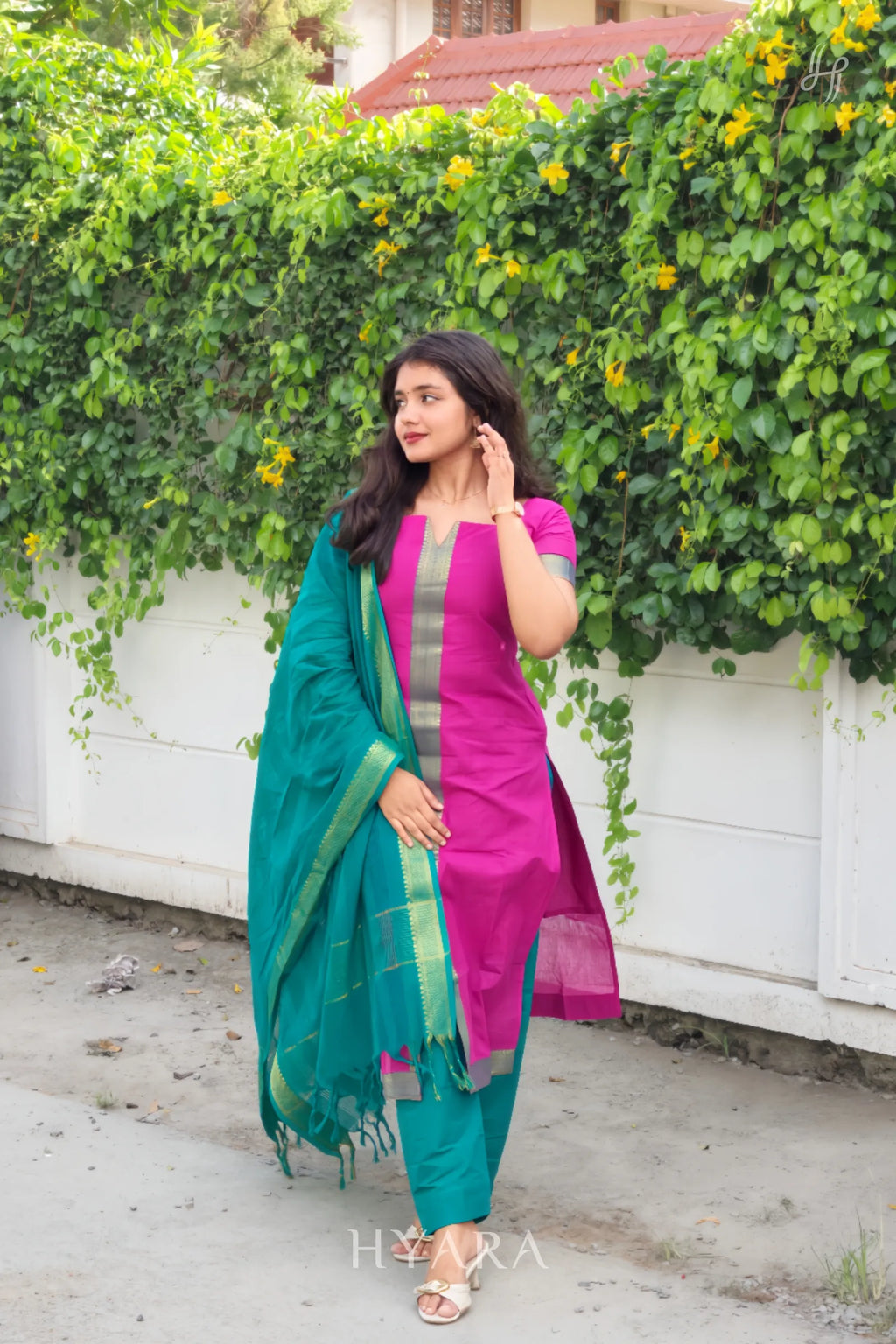 Meena – Pink & Teal Mangalagiri Cotton Suit Set