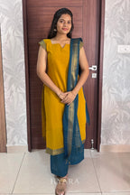 Meera — Mustard Yellow & Teal Mangalagiri Cotton Suit Set