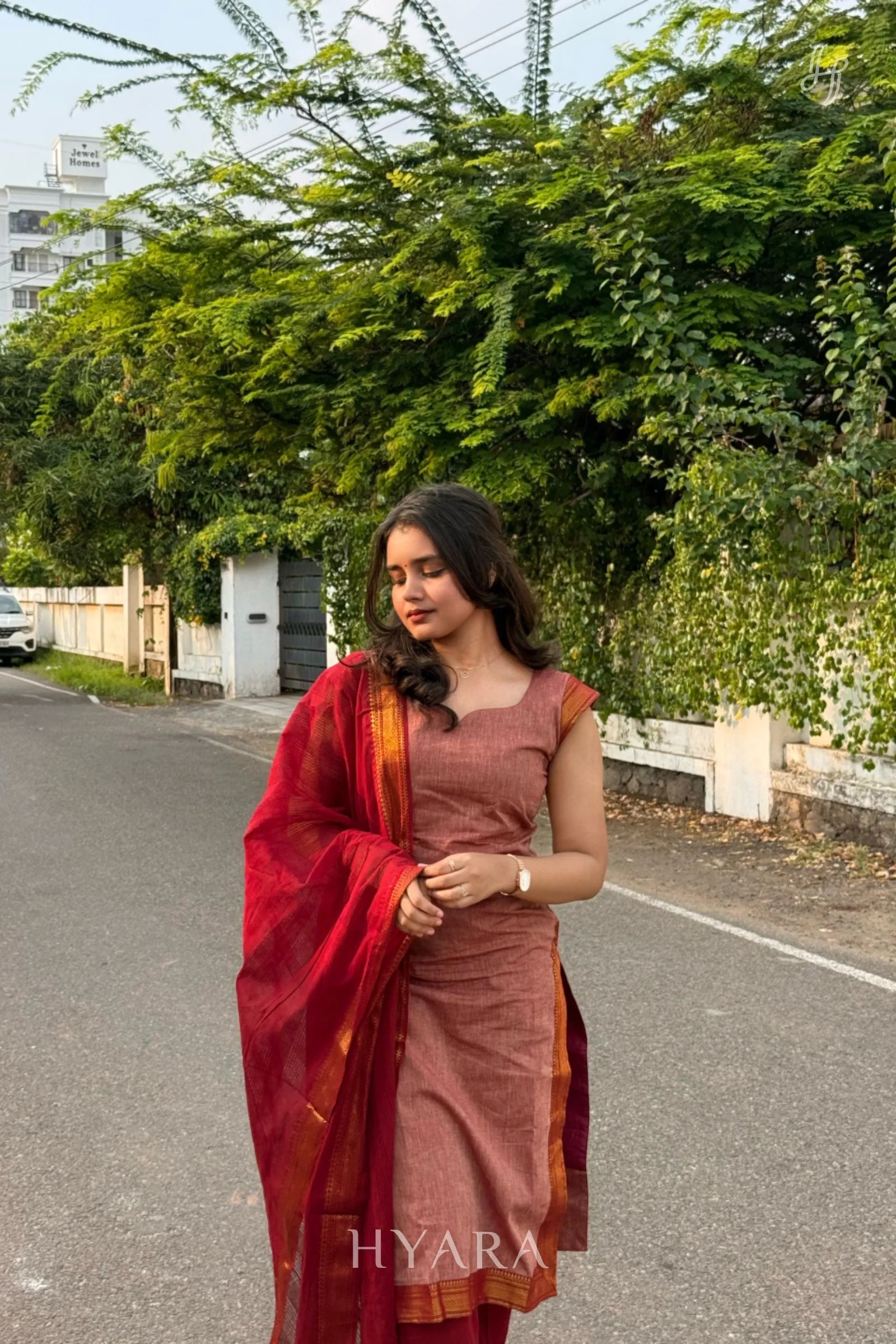 Mithra — Dusty Rose & Maroon Mangalagiri Cotton Suit Set (3-Piece)