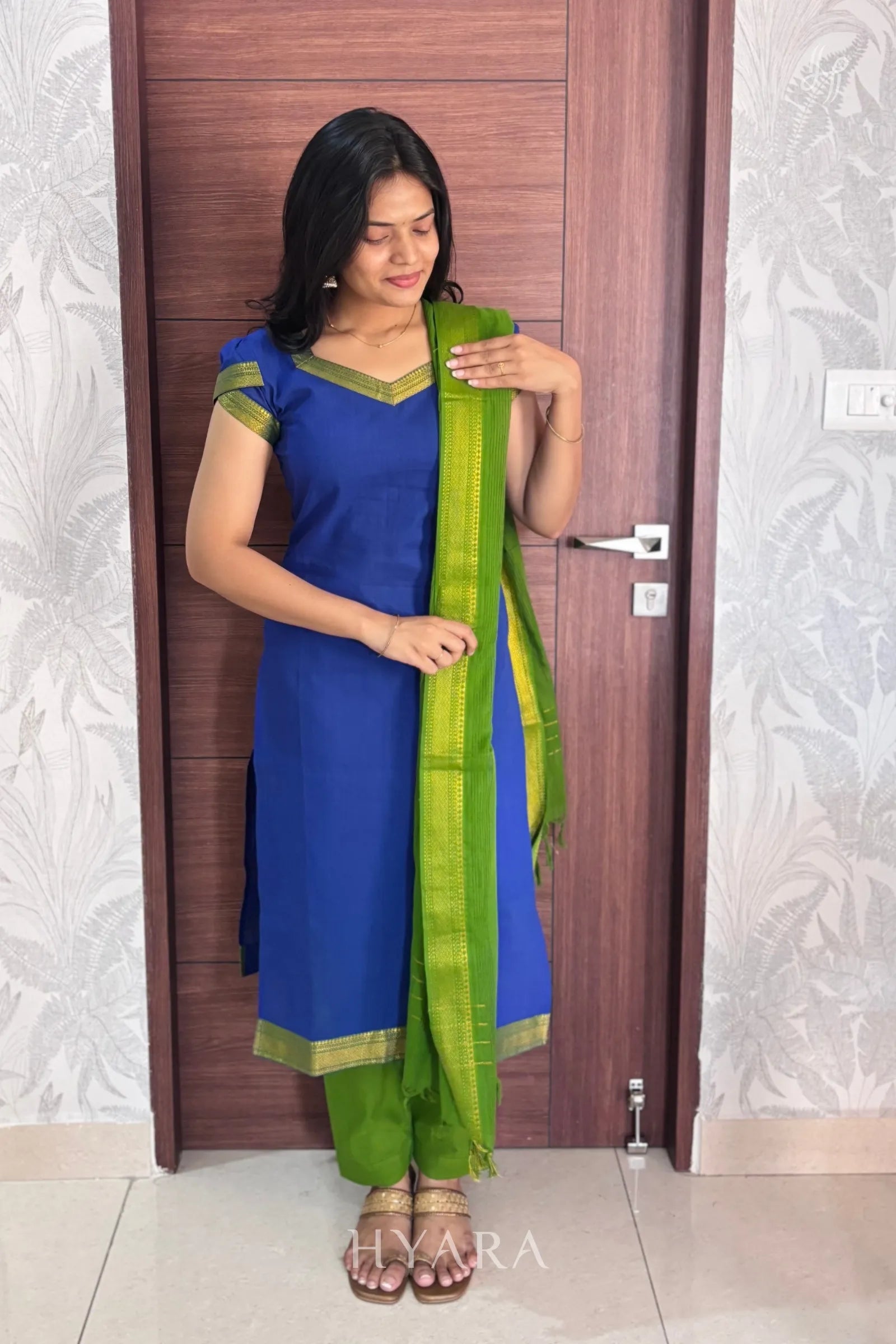 Nilothi — Royal Blue & Green Mangalagiri Cotton Suit Set