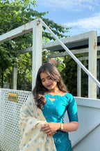 Nisha – Teal Blue Raw Silk Suit Set with Madhubani Dupatta