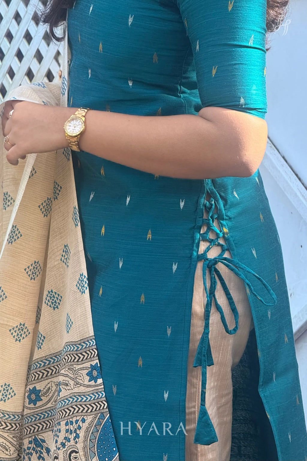 Nisha – Teal Blue Raw Silk Suit Set with Madhubani Dupatta