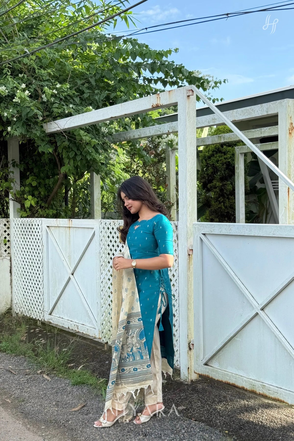 Nisha – Teal Blue Raw Silk Suit Set with Madhubani Dupatta
