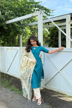 Nisha – Teal Blue Raw Silk Suit Set with Madhubani Dupatta