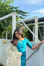 Nisha – Teal Blue Raw Silk Suit Set with Madhubani Dupatta