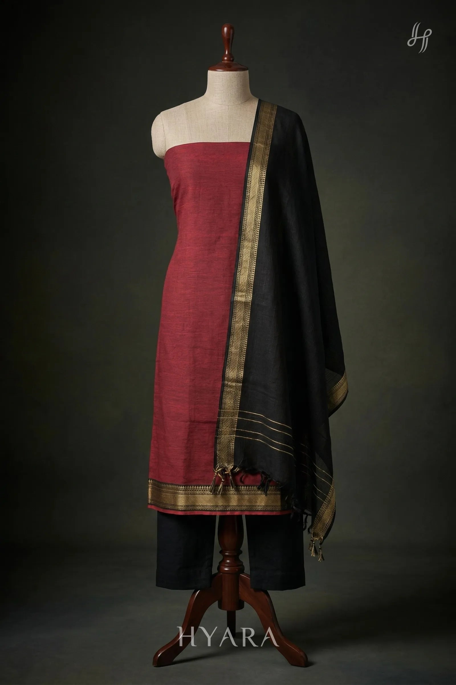 Sindhuri Marron Mangalagiri Pure Handloom Cotton Unstitched Fabric – HYARA