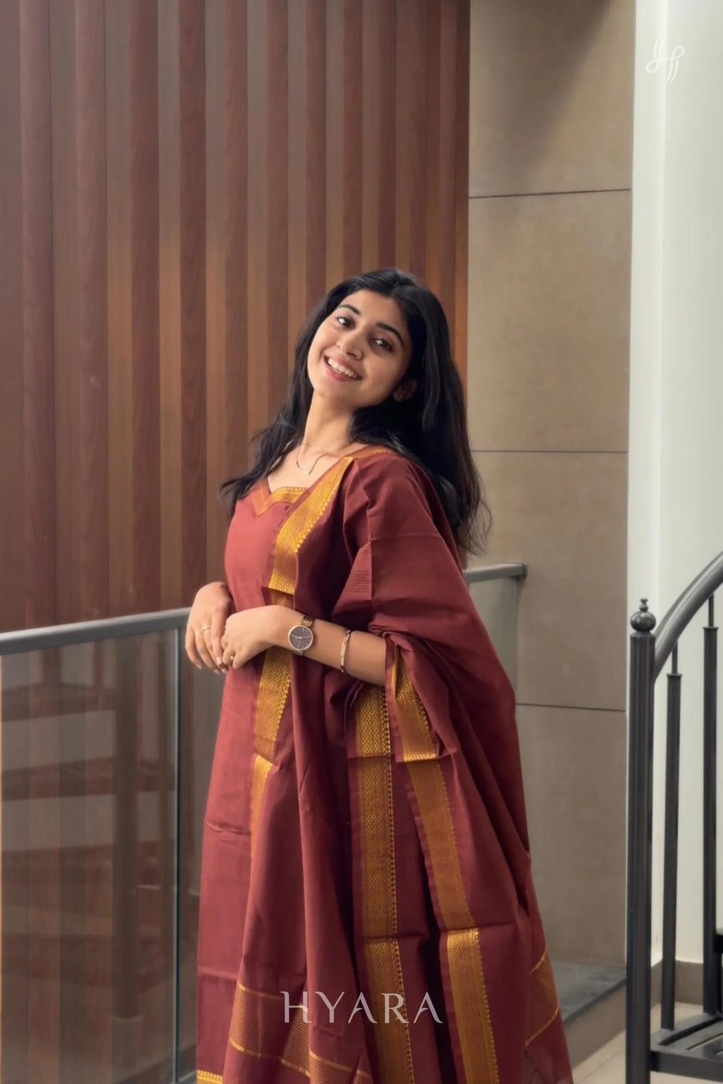 Tanvi – Brown & Gold Mangalagiri Cotton Suit Set