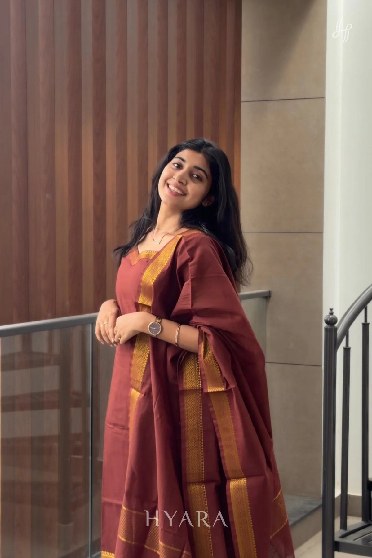 Tanvi – Brown & Gold Mangalagiri Cotton Suit Set