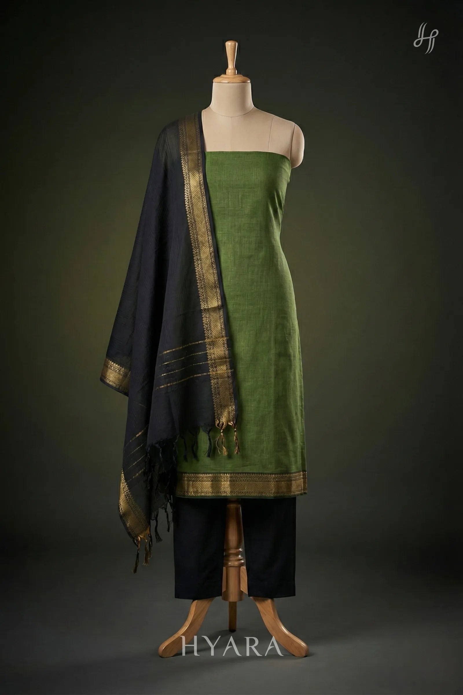 Thara - Green Mangalagiri Handloom Cotton Unstitched Fabric