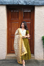 Veena – Olive Green & Ivory Raw Silk A-Line Suit Set with Printed Dupatta