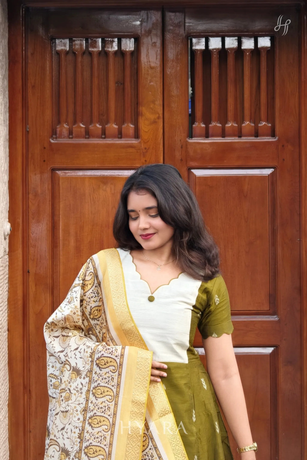 Veena – Olive Green & Ivory Raw Silk A-Line Suit Set with Printed Dupatta